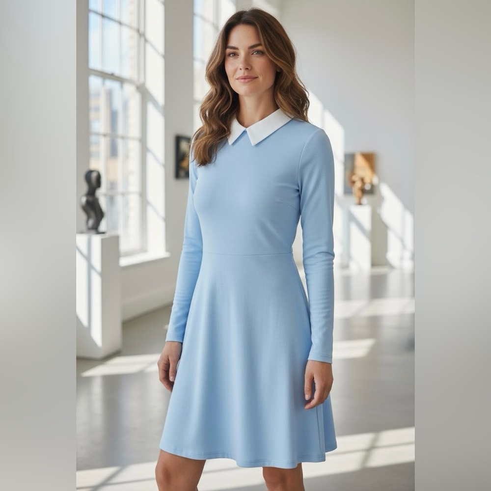 Fensace Light Blue Long Sleeve Dress White Collar